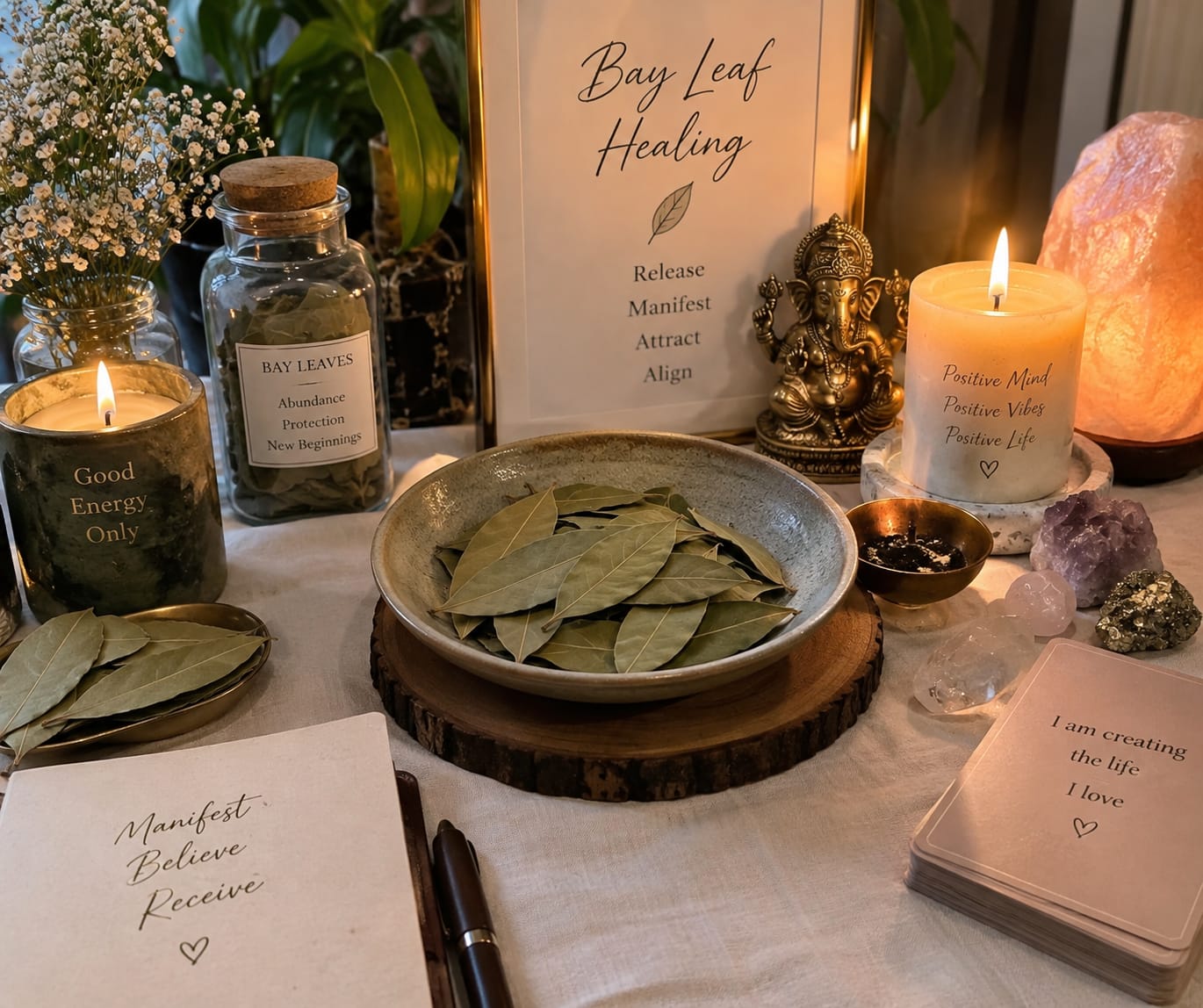 A bay-leaf ritual setting with candles and crystals