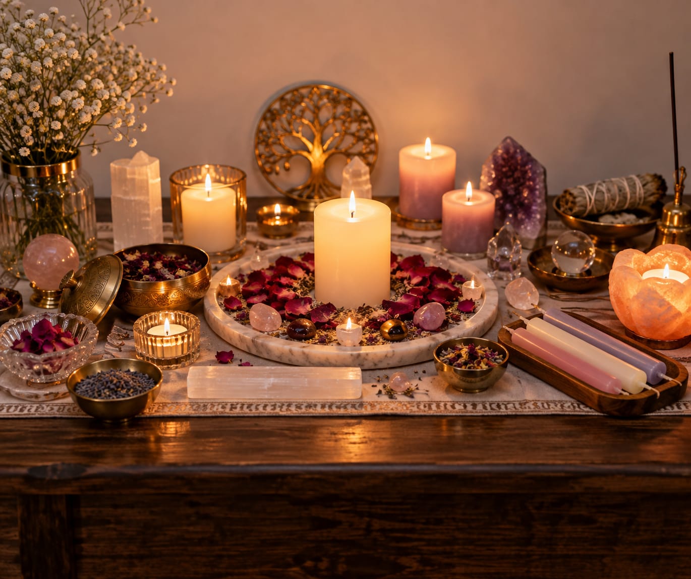 A candle healing setting with rose petals and crystals on a marble plate