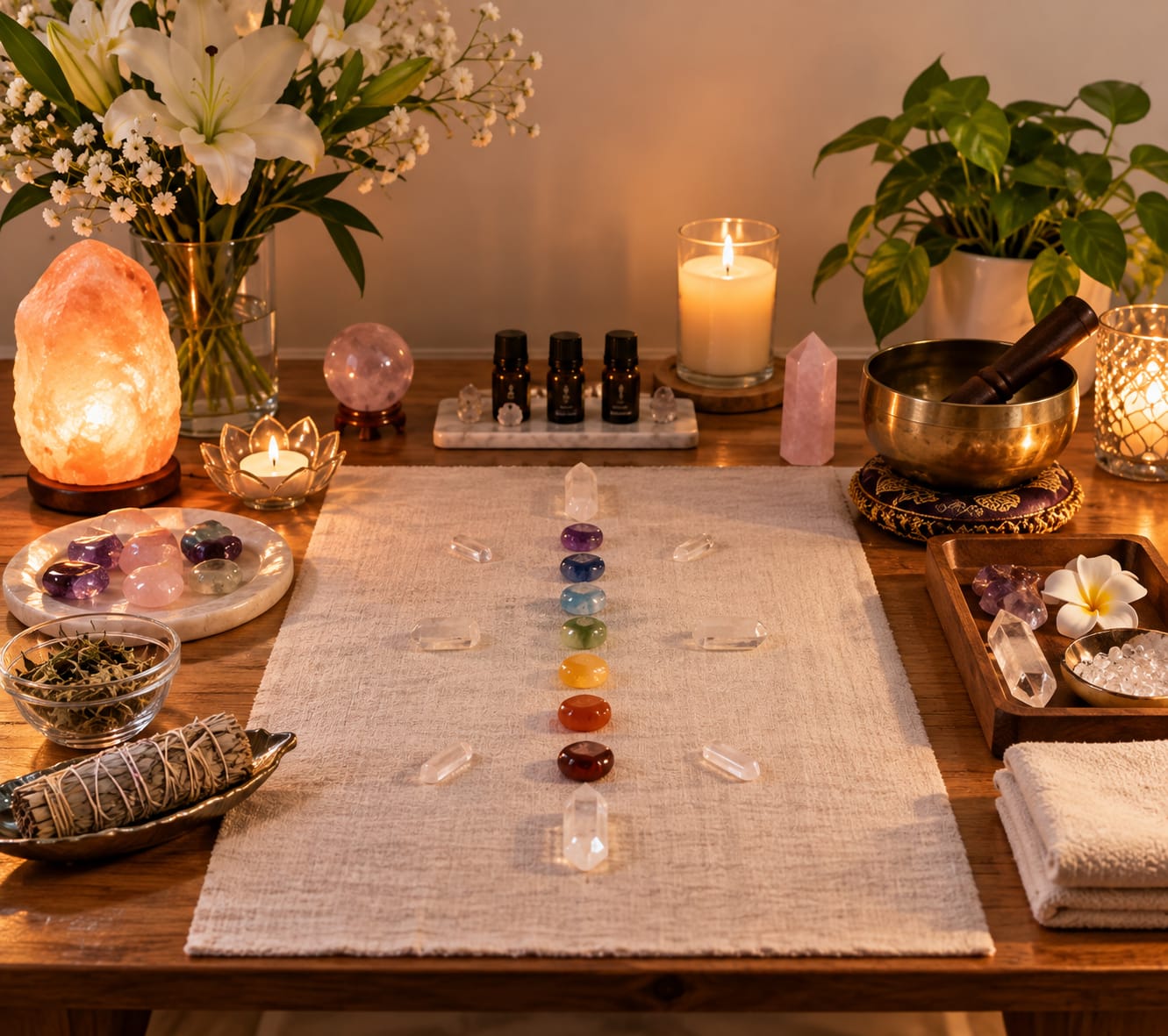 Crystals laid in a chakra line on a linen runner, with candles and a singing bowl