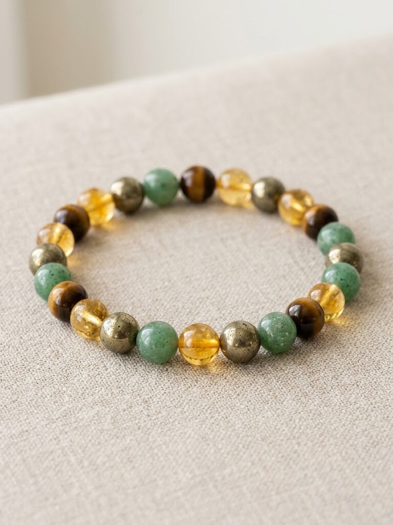 Money Magnet — Round gemstone bracelet — Citrine + Pyrite + Tiger Eye + Green Aventurine