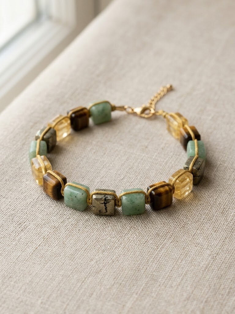 Money Magnet — Square gemstone bracelet — Citrine + Pyrite + Tiger Eye + Green Aventurine