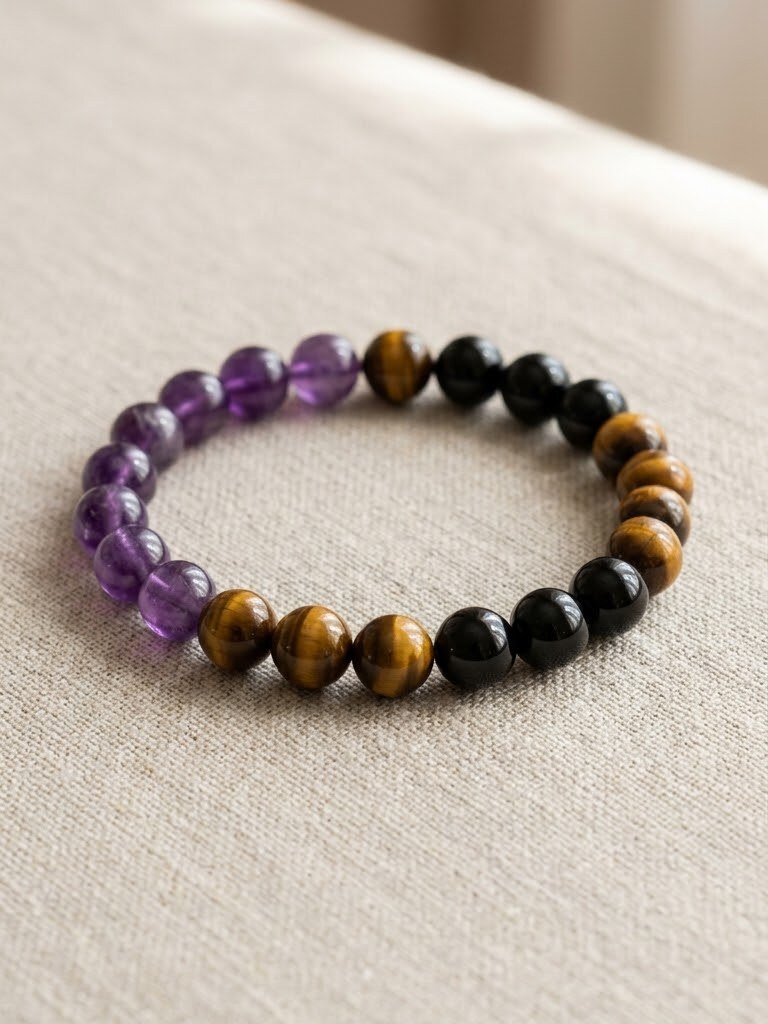 Protection, Confidence & Intuition gemstone bracelet — Amethyst + Tiger Eye + Black Obsidian
