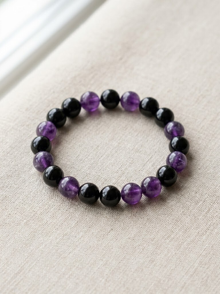 Protection, Grounding & Inner Peace gemstone bracelet — Black Obsidian + Amethyst