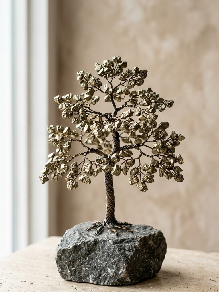 Pyrite Tree of Abundance — Raw pyrite chips on a natural stone base