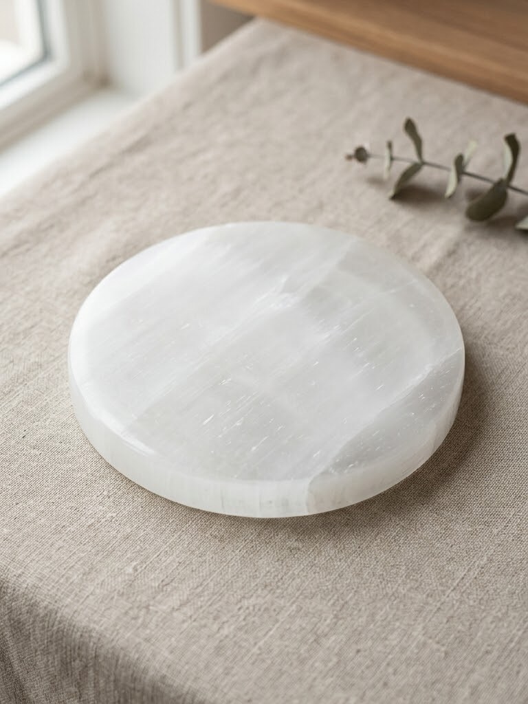 Selenite Charging Plate — Round — Natural selenite
