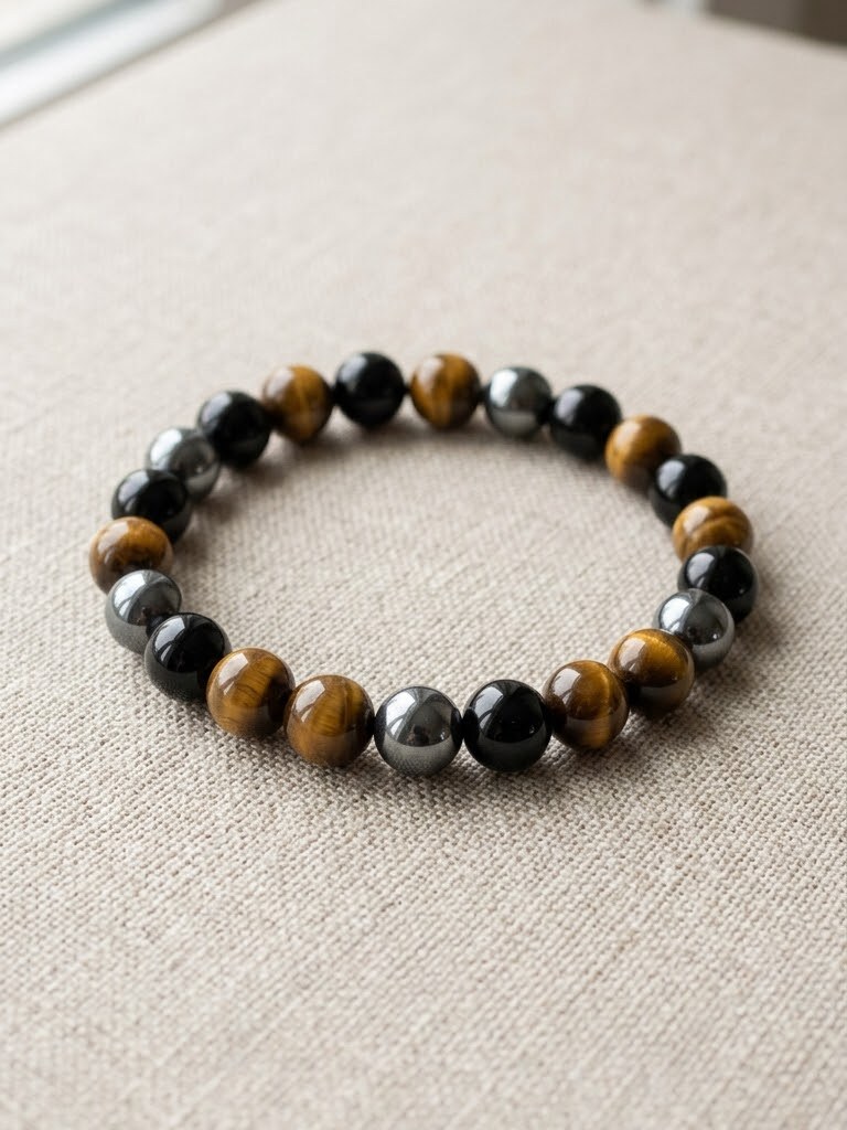 Triple Protection gemstone bracelet — Black Obsidian + Tiger Eye + Hematite